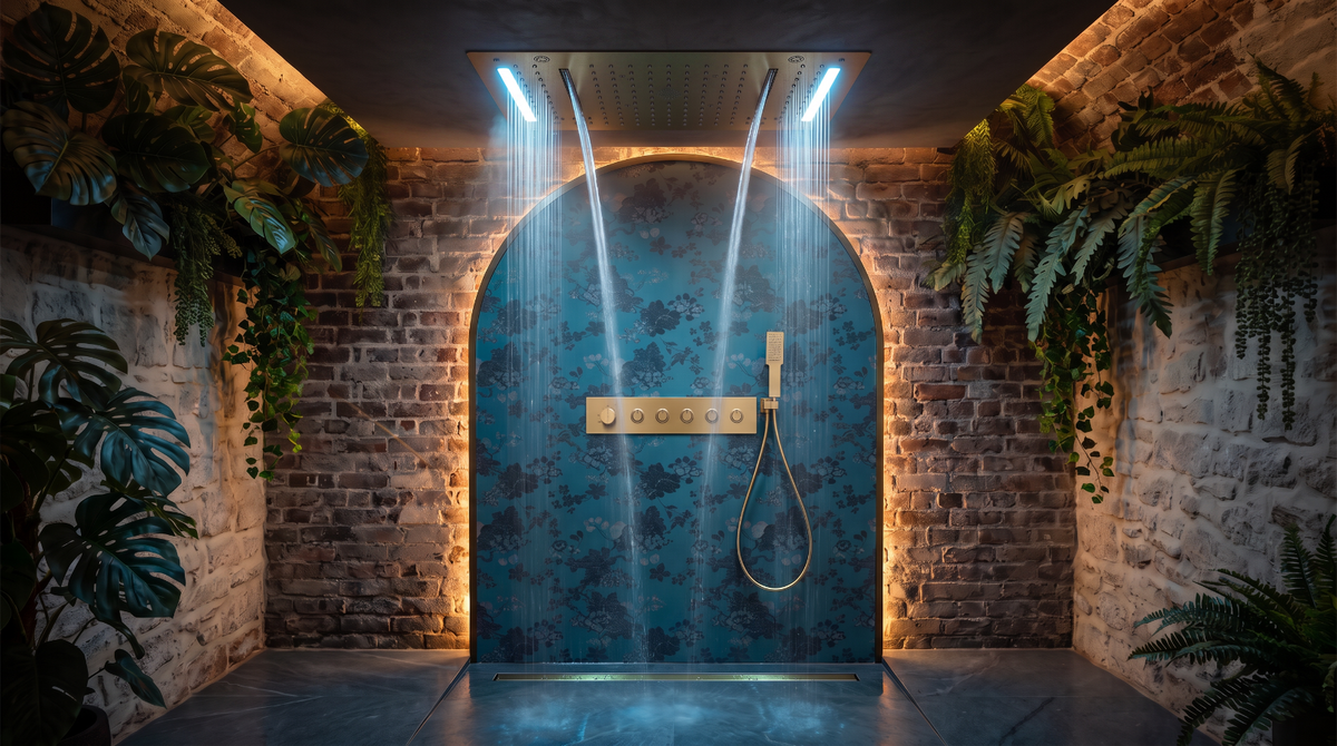 A modern wall-mounted rain shower system with a rectangular overhead shower head and handheld wand, shown installed in a bathroom alcove with exposed brick walls, warm lighting, and lush green plants.