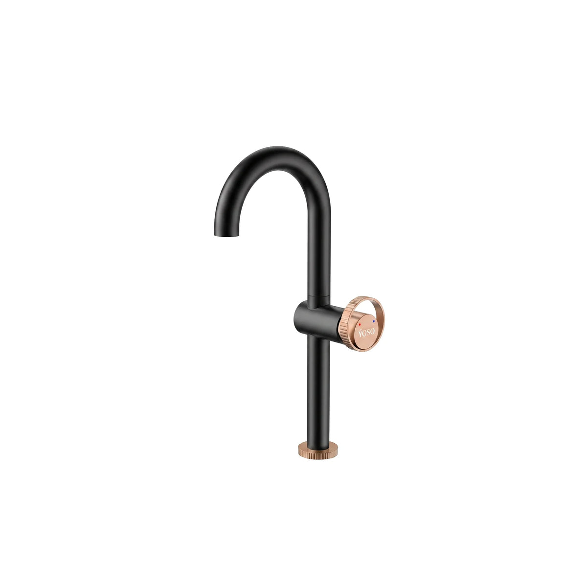 Celeste Basin Mixer Angled Spout — Tall Neck, Matt Black + Brushed Rose Gold | Yoso