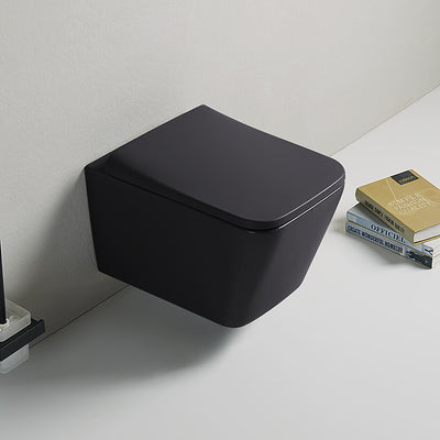 Black wall-mounted toilet with a white floor and books in the background