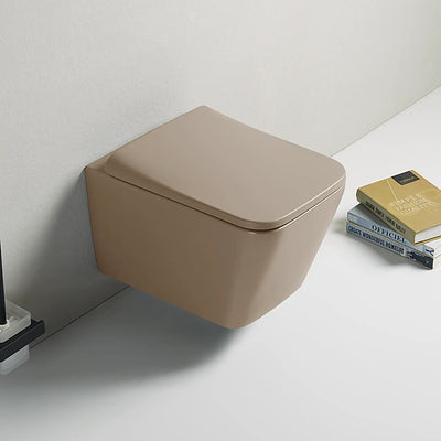 Beige wall-mounted toilet against a white wall with books on a shelf.