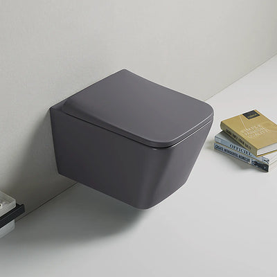 Gray wall-mounted toilet against a white wall with books on a shelf.