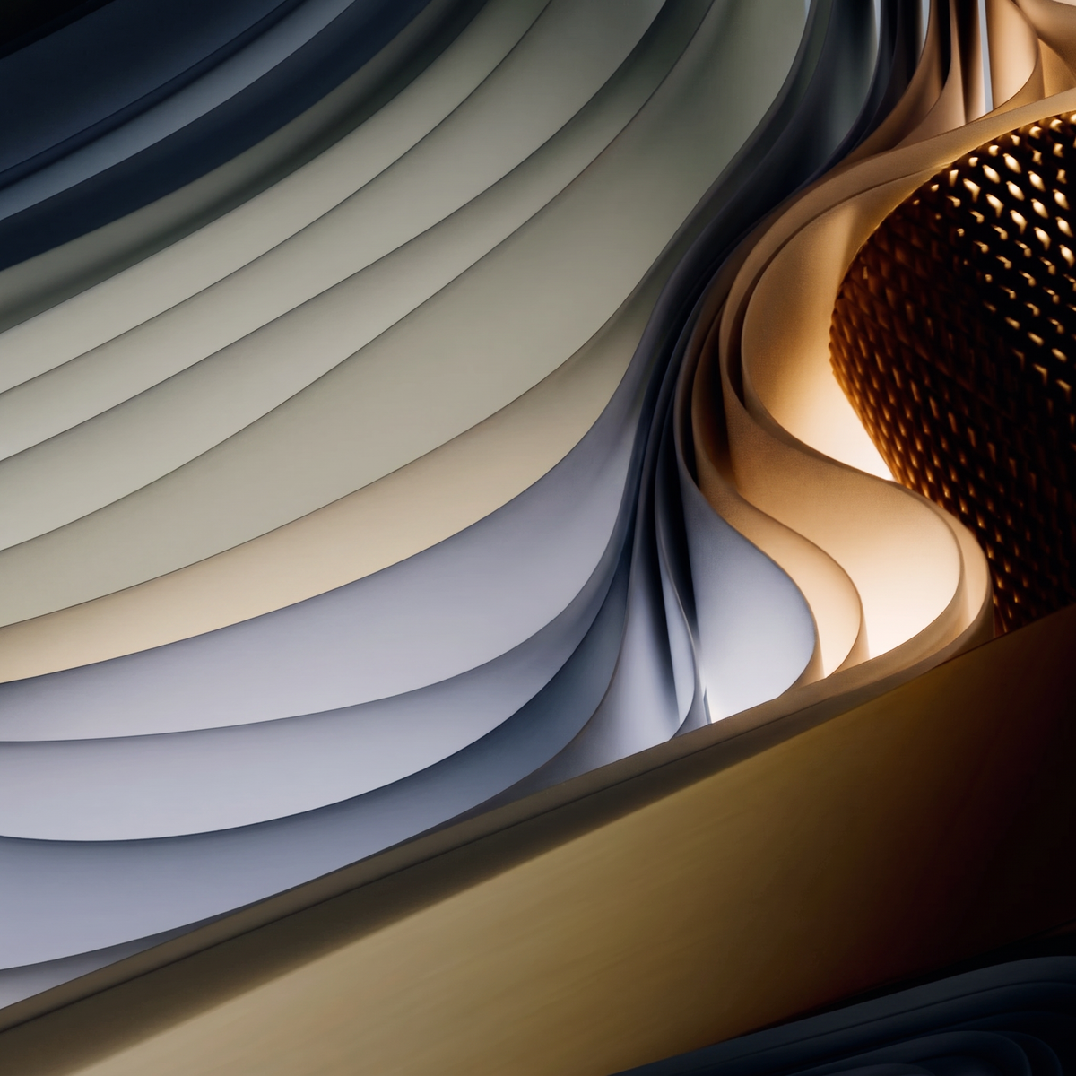 Abstract architectural rendering of layered wavy structures in metallic gold, bronze, gray, and off-white tones, with a textured honeycomb-like gold form on the right.